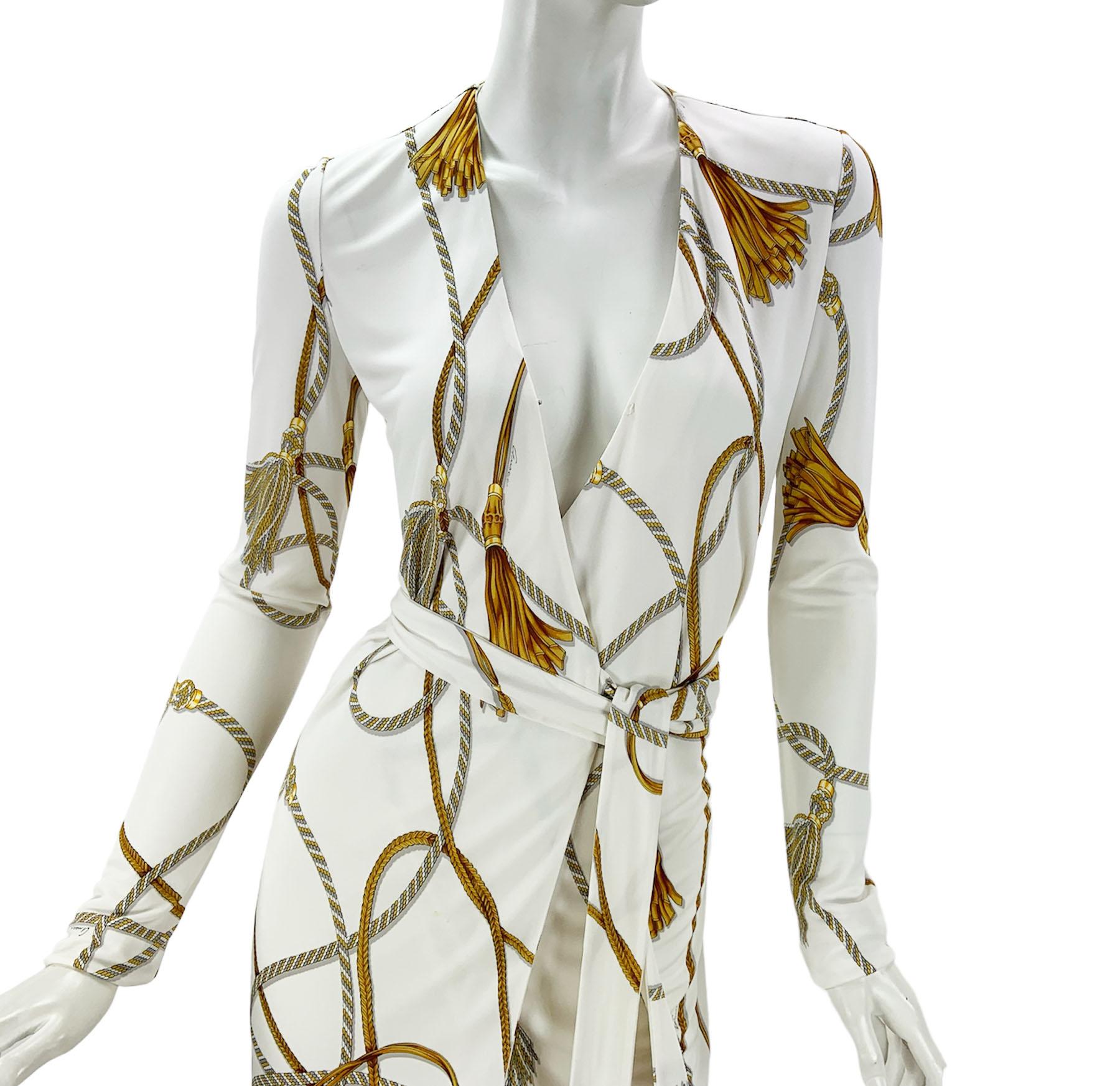 Gucci Vintage White Jersey Wrap Tassel Print Plunging Dress size S For Sale 1