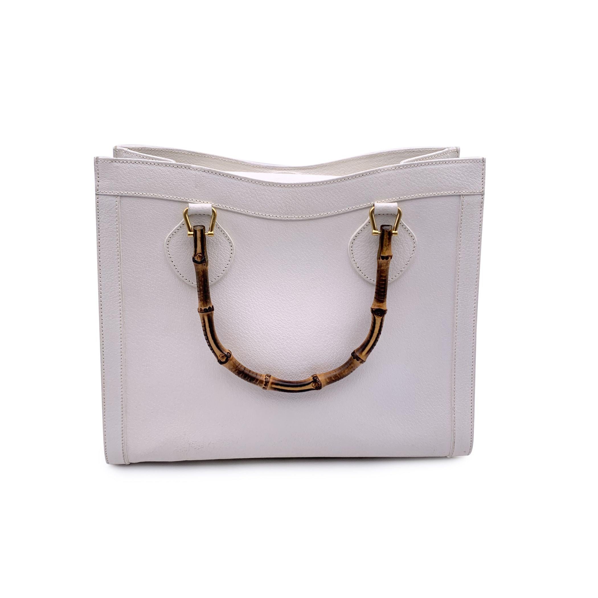Gray Gucci Vintage White Leather Bamboo Princess Diana Tote Bag