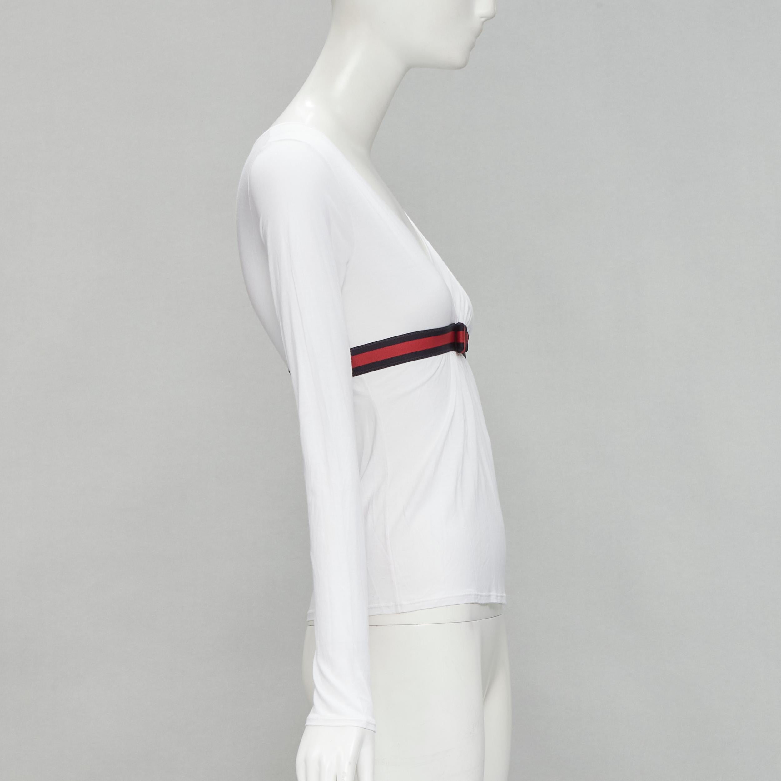 Gray GUCCI VINtage white soft cotton navy red Web ribbon trim top XS For Sale