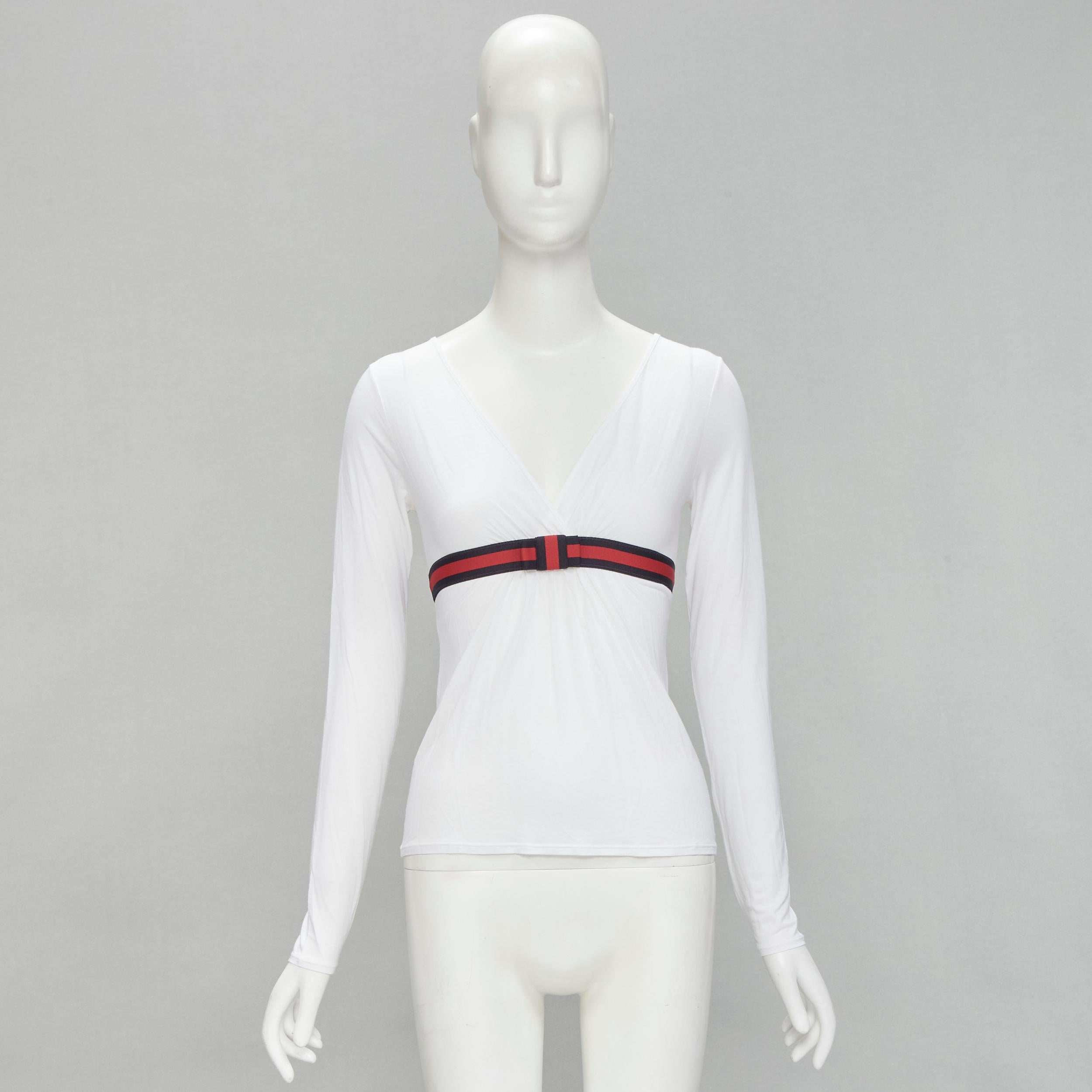 GUCCI VINtage white soft cotton navy red Web ribbon trim top XS For Sale 3