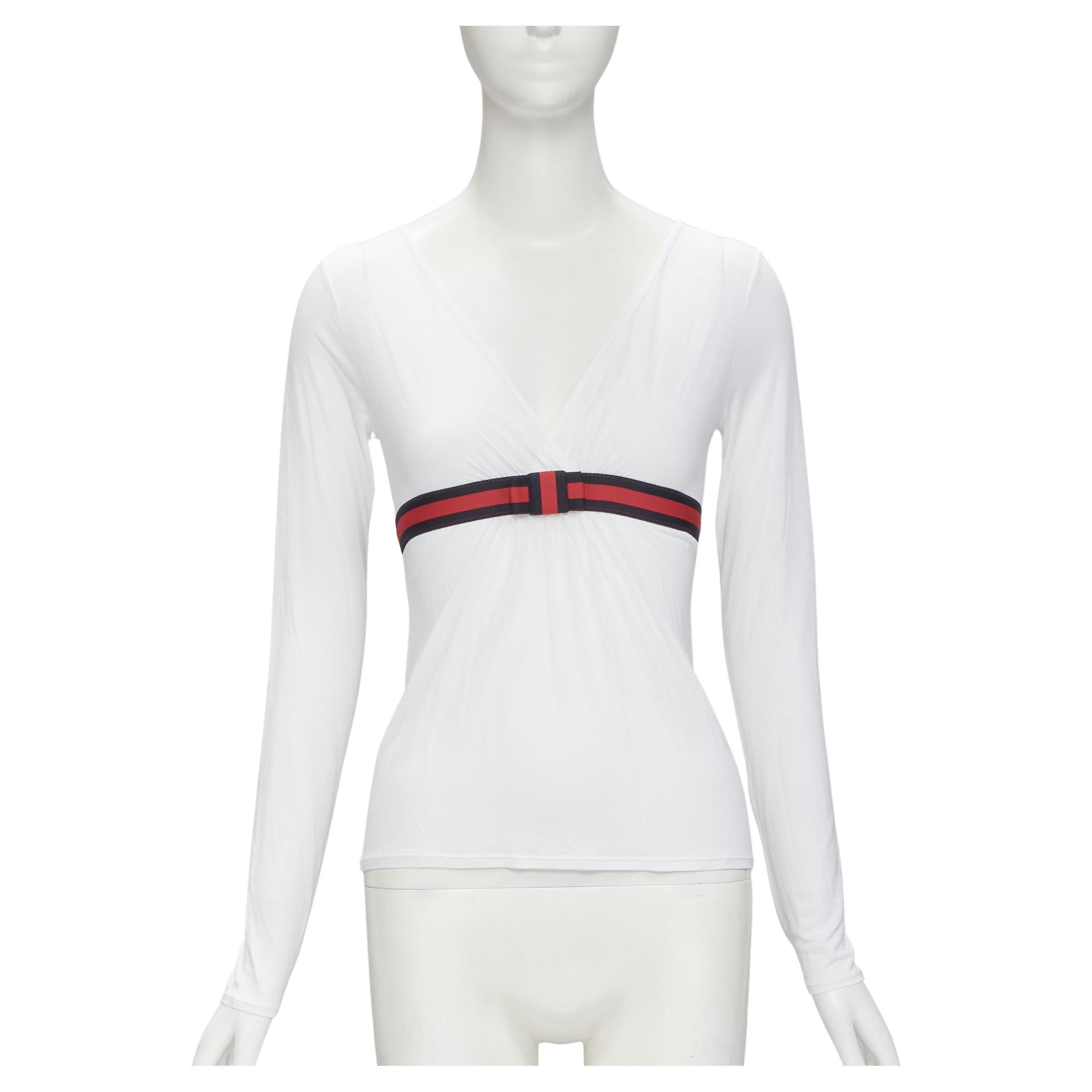 GUCCI VINtage white soft cotton navy red Web ribbon trim top XS For Sale