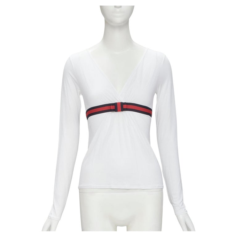 GUCCI VINtage white soft cotton navy red Web ribbon trim top XS