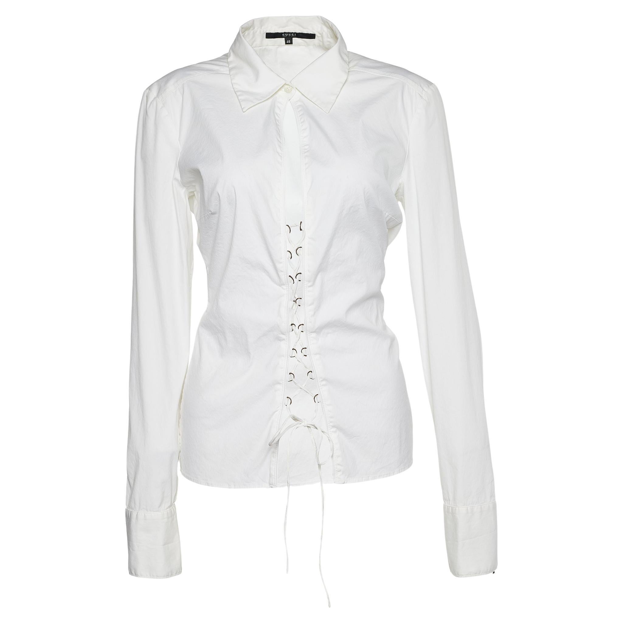 Gucci Vintage White Stretch Cotton Lace-Up Detail Shirt L