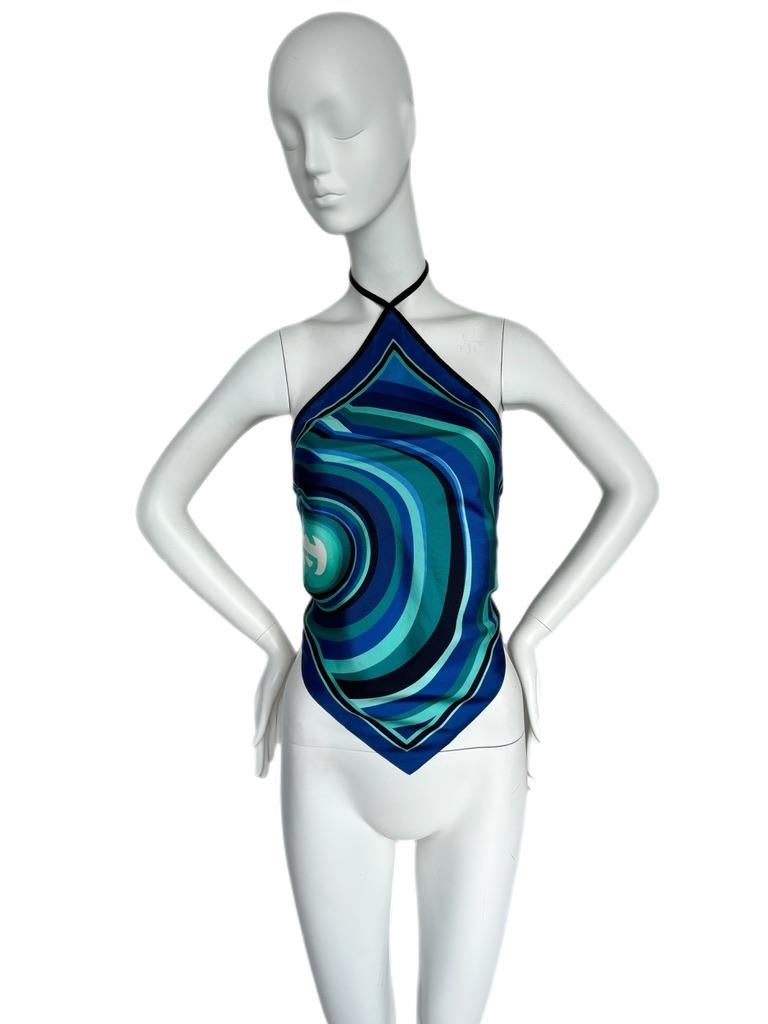 Gray GUCCI Vintage Y2K 100% Silk Blue Backless Halter Scarf Top