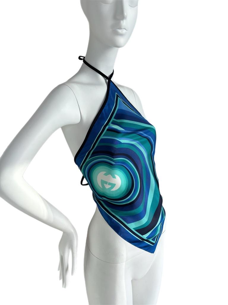 GUCCI Vintage Y2K 100% Silk Blue Backless Halter Scarf Top In Excellent Condition In Leonardo, NJ