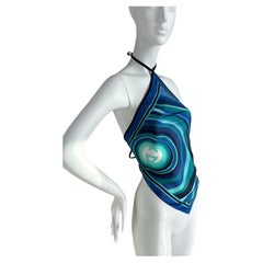 GUCCI Vintage Y2K 100% Silk Blue Backless Halter Scarf Top