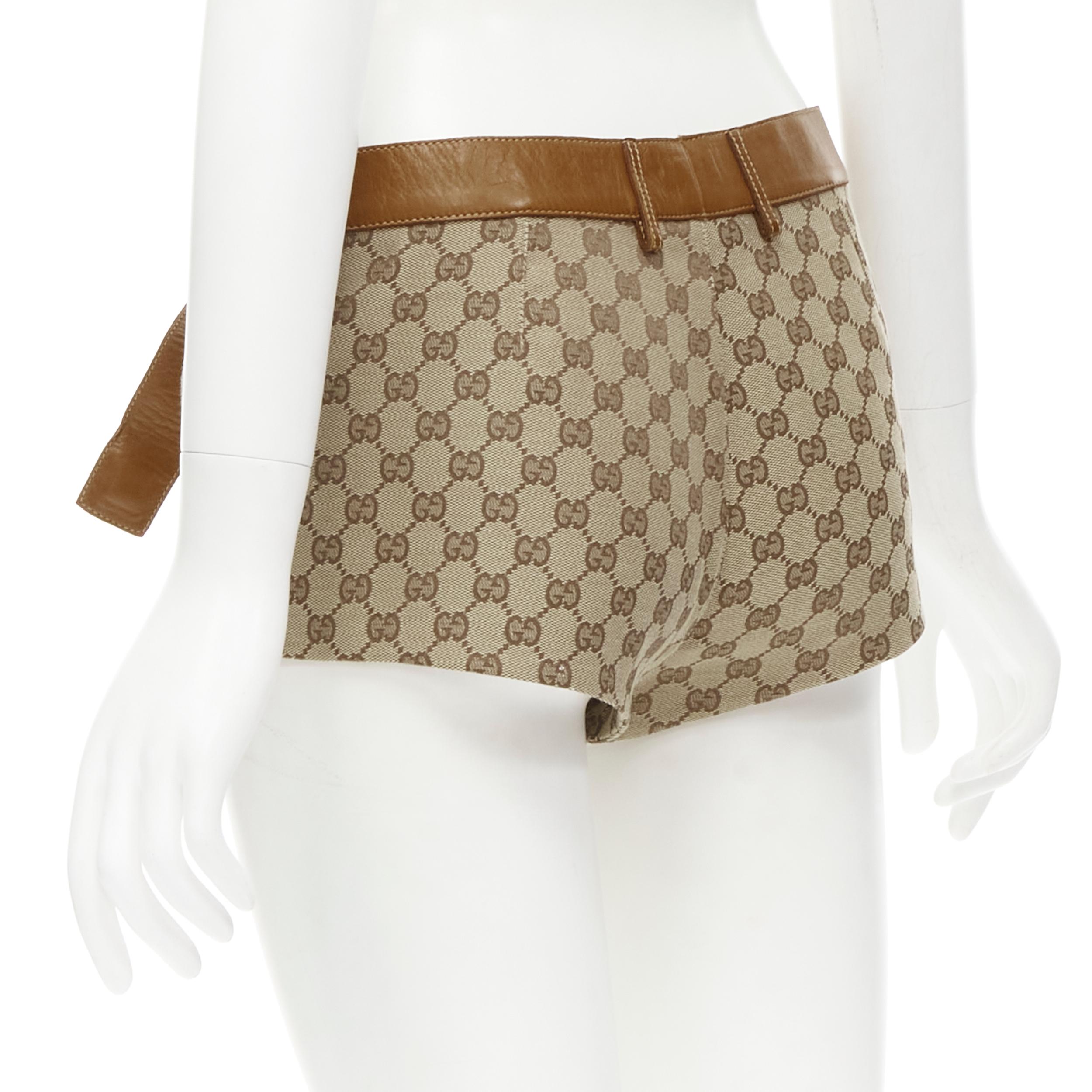 GUCCI Vintage Y2K brown leather trim brown GG monogram hot shorts IT38 XS In Excellent Condition In Hong Kong, NT