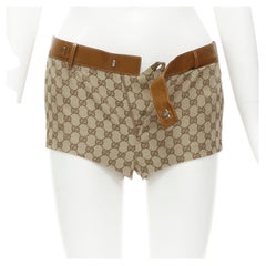 GUCCI Vintage Y2K braune GG Hot Shorts mit Lederbesatz in Braun mit Monogramm IT38 XS