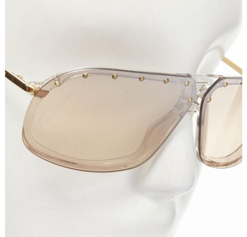 Gray GUCCI Vintage Y2K GG2517/S AU3 gold GG logo brown lens studded sheild sunglasses