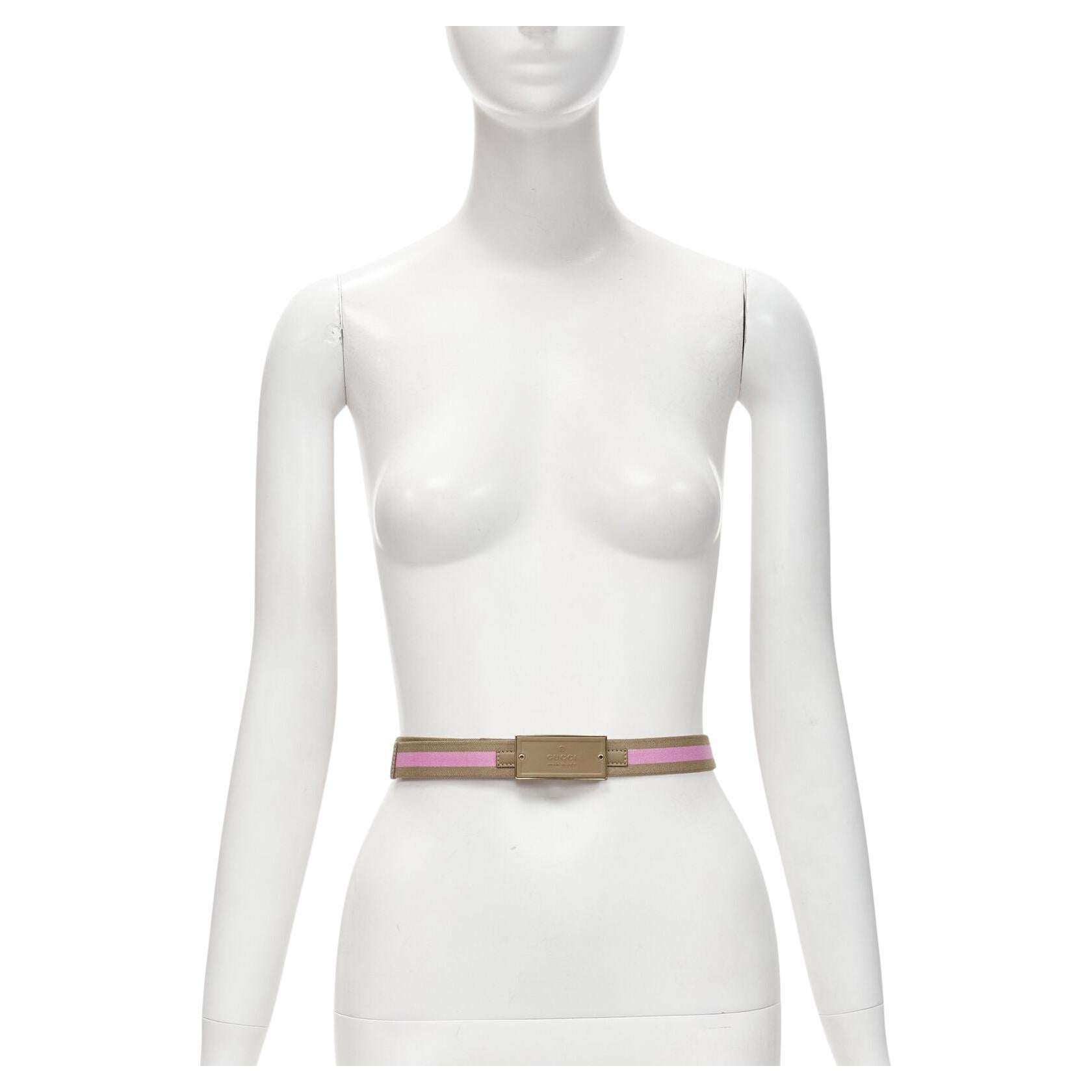 GUCCI Vintage Y2K pink khaki Web GG logo square buckle adjustable nylon belt For Sale