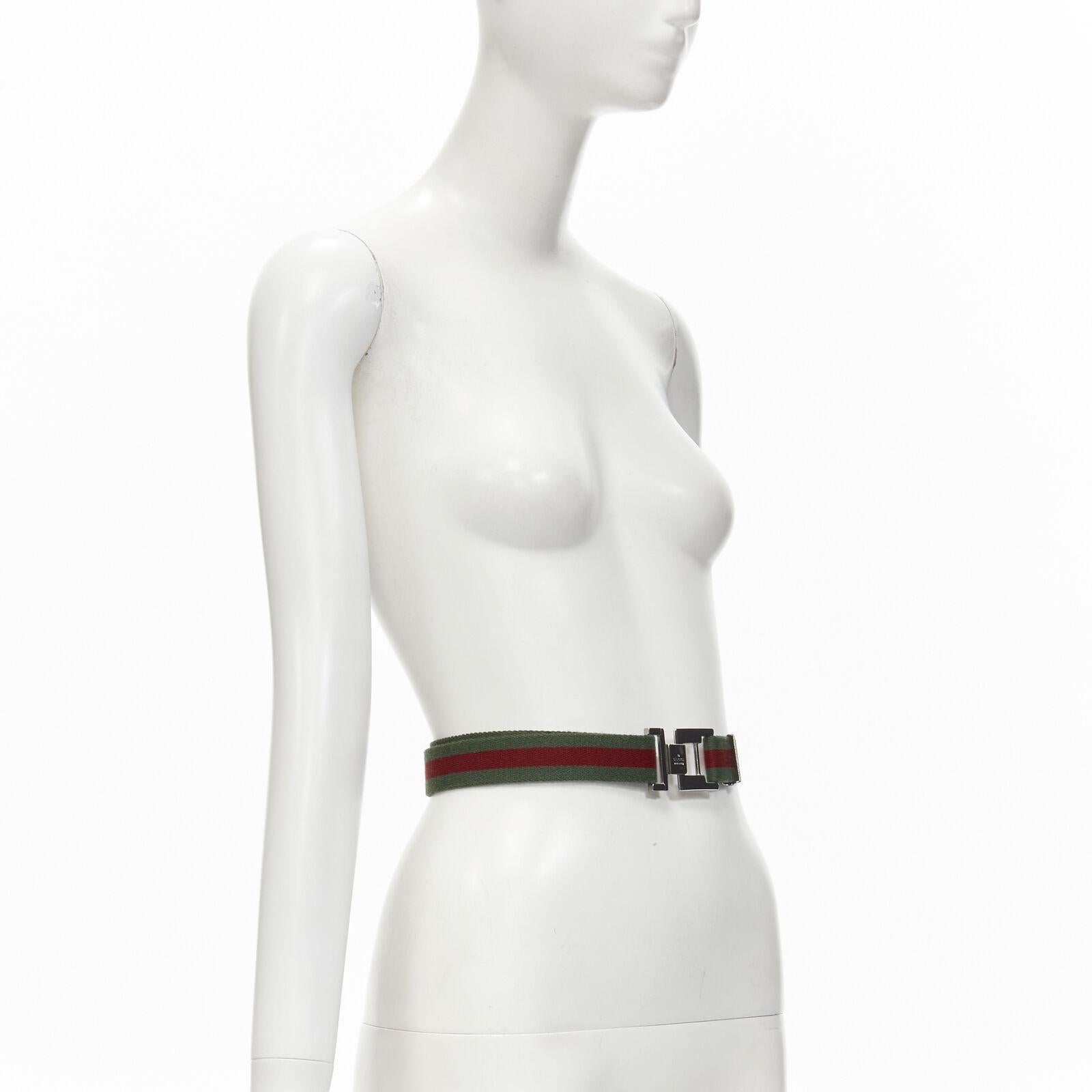 GUCCI Vintage Y2K silver ruthenium GG square buckle red green web belt In Fair Condition In Hong Kong, NT