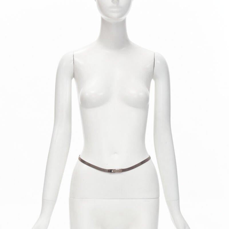 GUCCI Vintage Y2K silver tone interlocking GG logo buckle chainmail skinny belt
Reference: ANWU/A00867
Brand: Gucci
Designer: Tom Ford
Material: Metal
Color: Silver
Pattern: Solid
Closure: Clasp

CONDITION:
Condition: Fair, this item was pre-owned