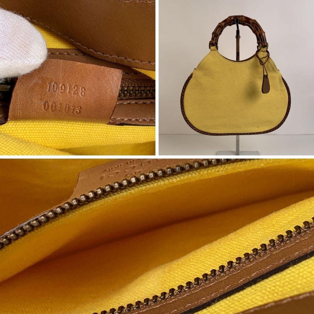 Women's Gucci Yellow Canvas Small Bamboo Handles Tote Bag Handbag