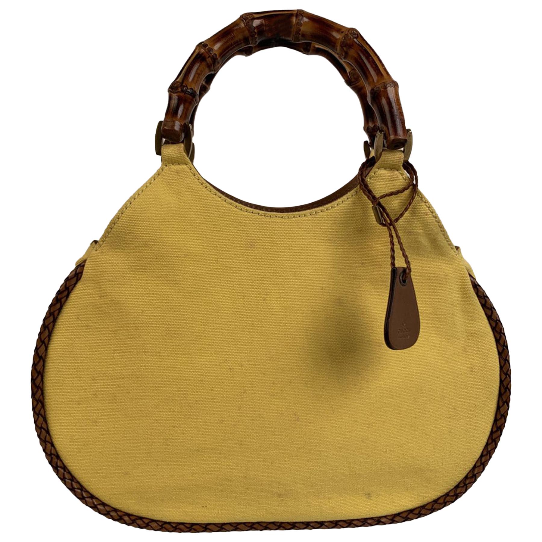 Gucci Yellow Canvas Small Bamboo Handles Tote Bag Handbag