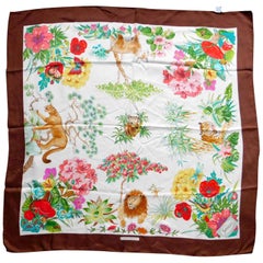 Gucci VintageSilk Scarf "I Continenti" Foliage and Wildlife with Brown Border