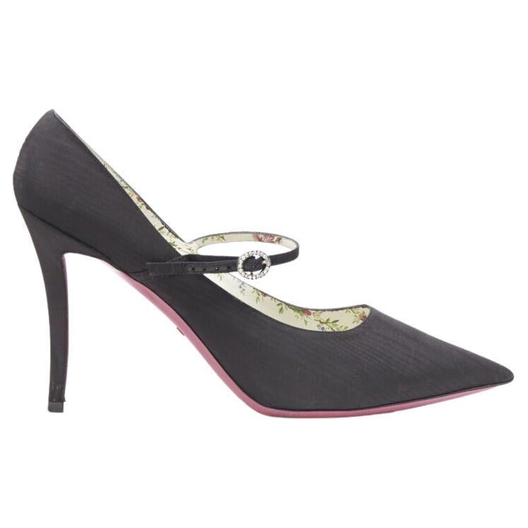 Chaussures à talons Gucci marron Jane en satin noir avec boucle en cristal et doublure florale EU40 en vente
