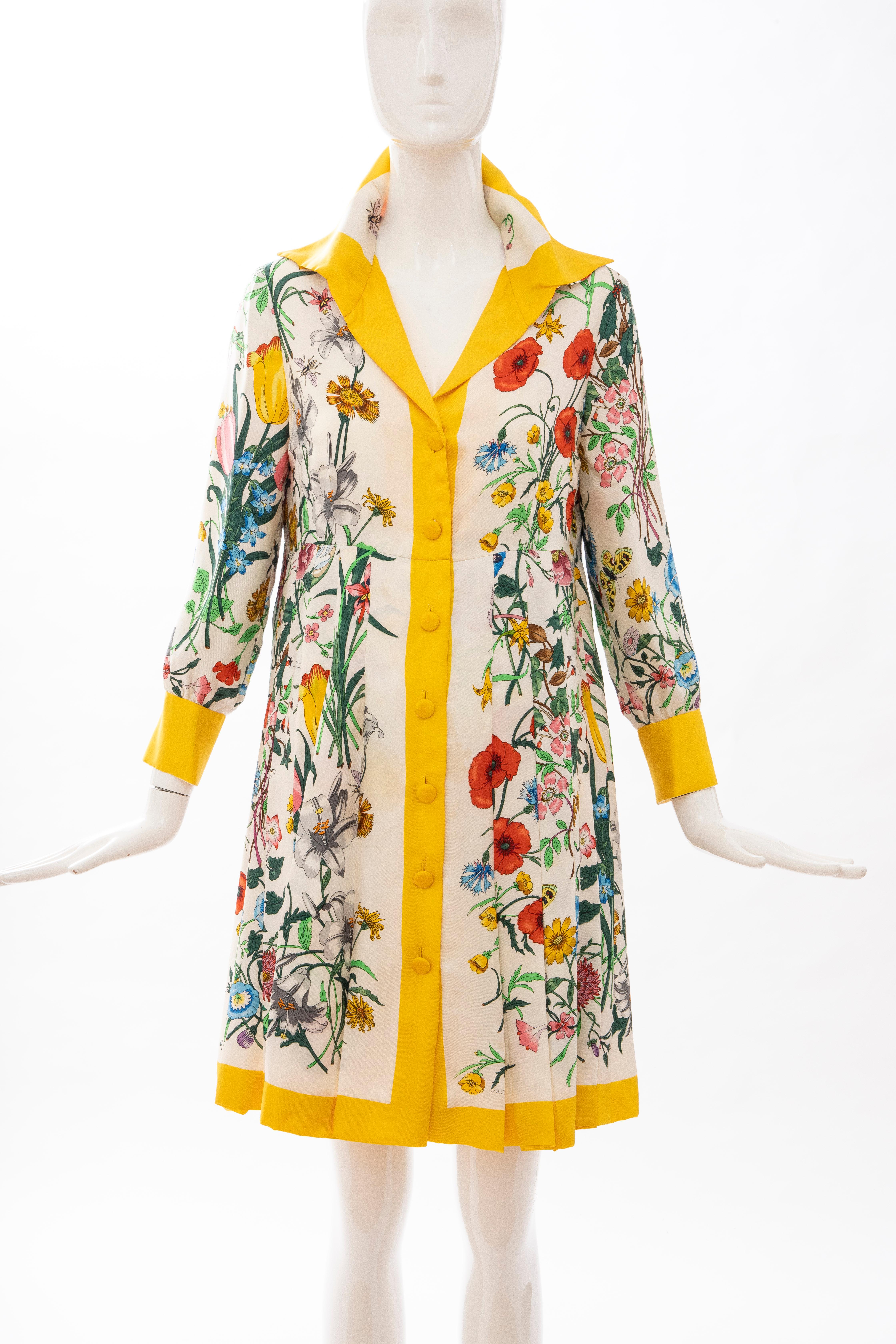Gucci, Circa: 1970's Vittorio Accornero, Flora Fauna screen printed silk, yellow button front dress with pleated A-line skirt and fully lined in lightweight silk.

IT. 48, US. 12

Bust: 36, Waist: 35, Hip: 48, Shoulder: 15.5, Sleeve: 21, Length: