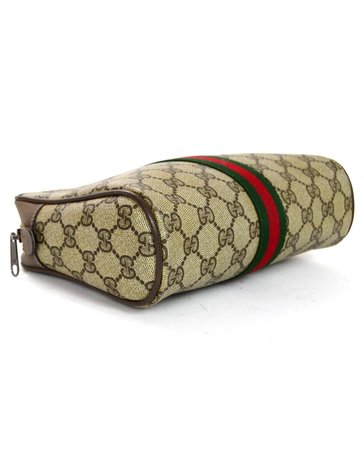 Brown Gucci Vtg GG Monogram Supreme Canvas Clutch Bag/Cosmetic Case W/ Red/Green Web