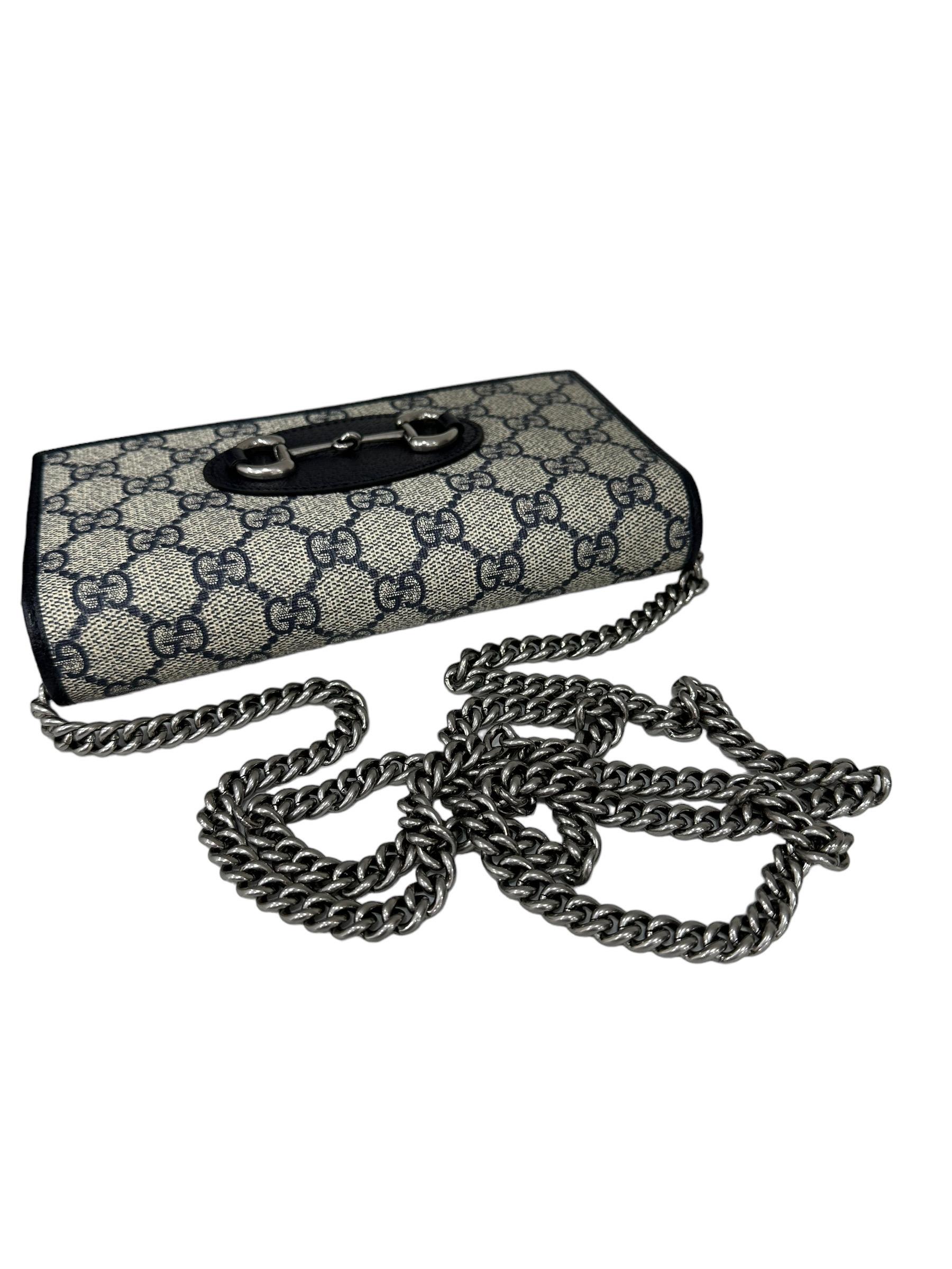 Gucci Wallet On Chain Horsebit 1955 GG Supreme Blu Beige For Sale 8