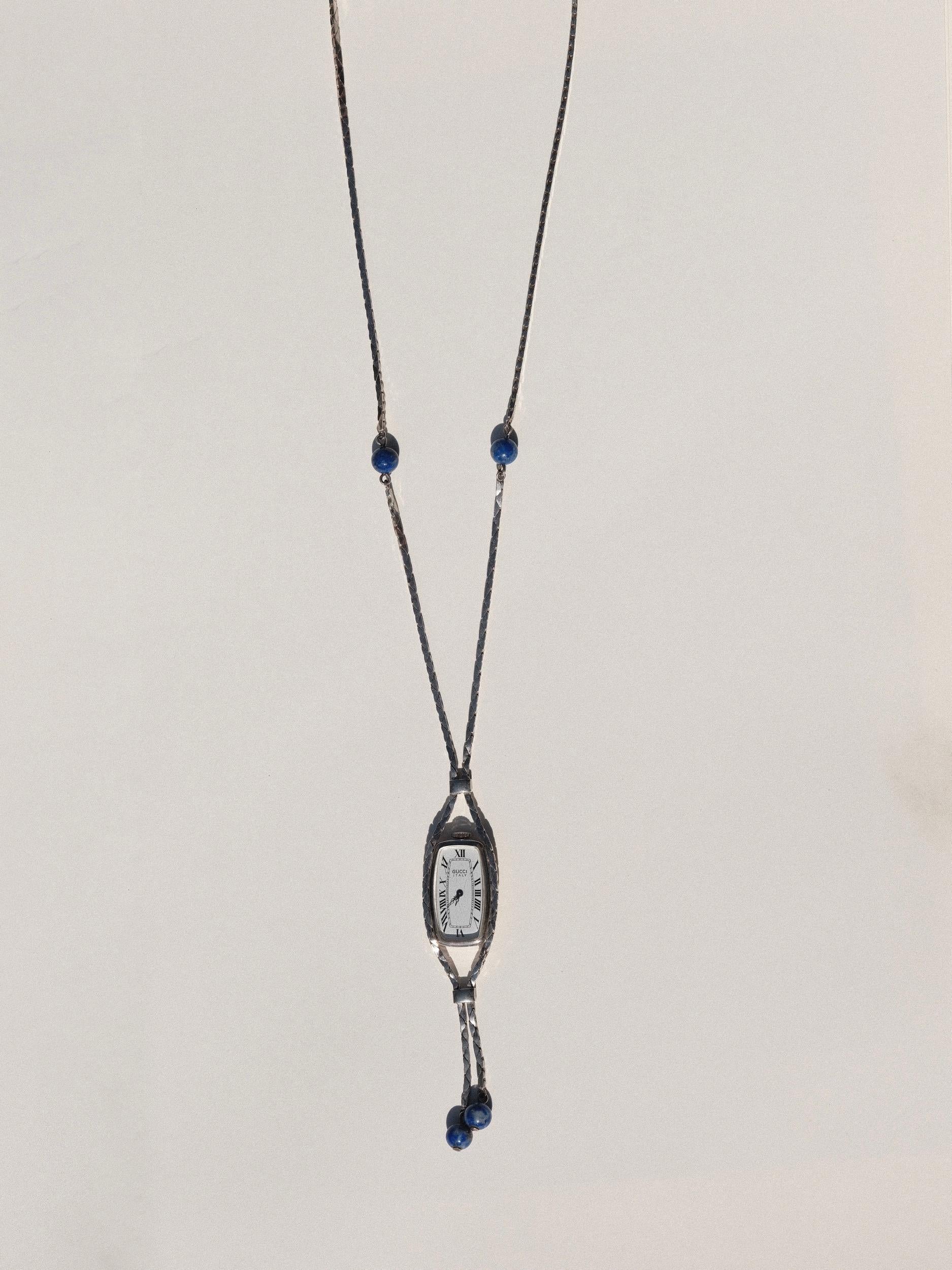 Gucci Watch Necklace Sterling Silver with Lapis Lazuli Beads 1980's  8