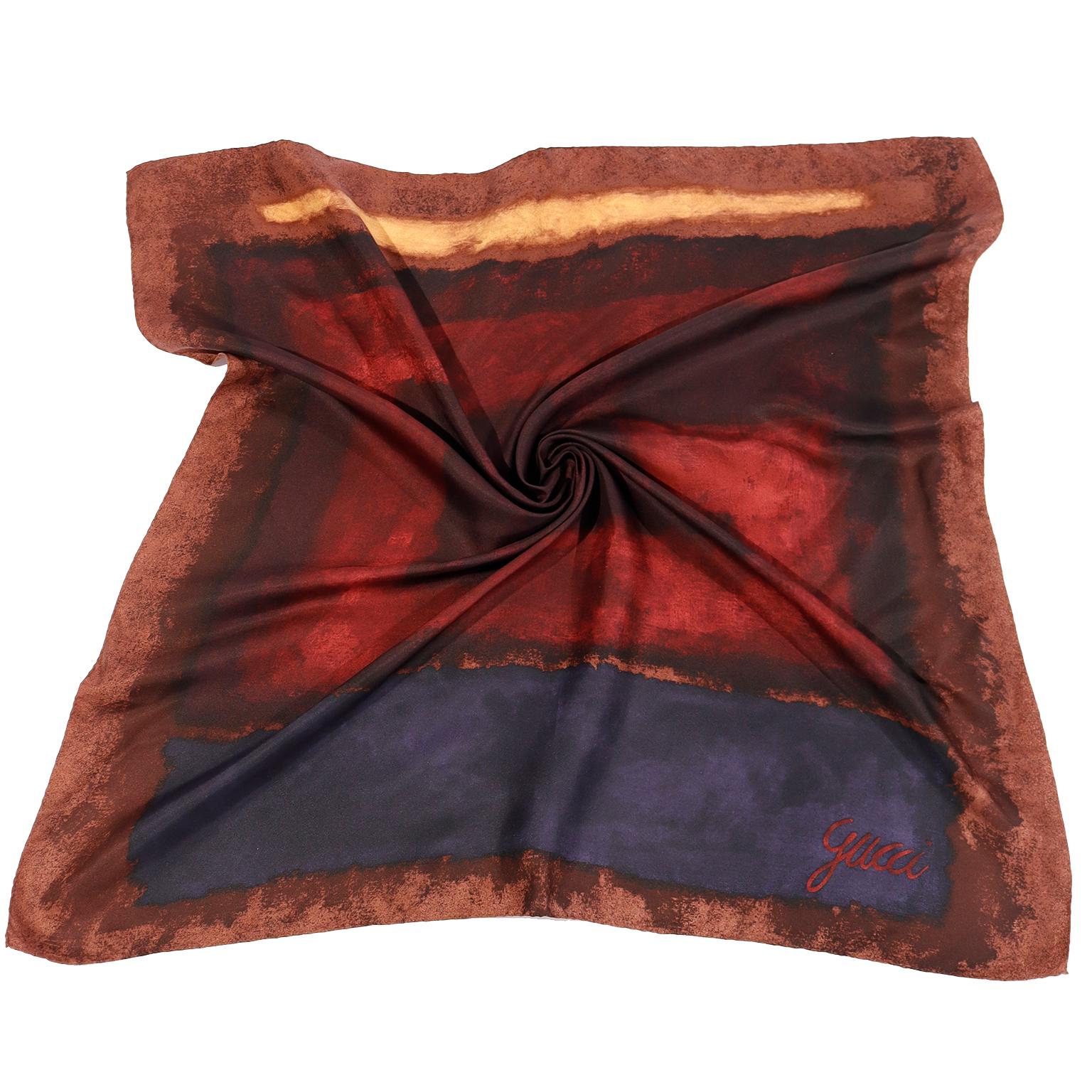 Gucci Watercolor Silk Vintage Scarf in Shades of Burgundy Black Brown & Gold In Excellent Condition In Portland, OR