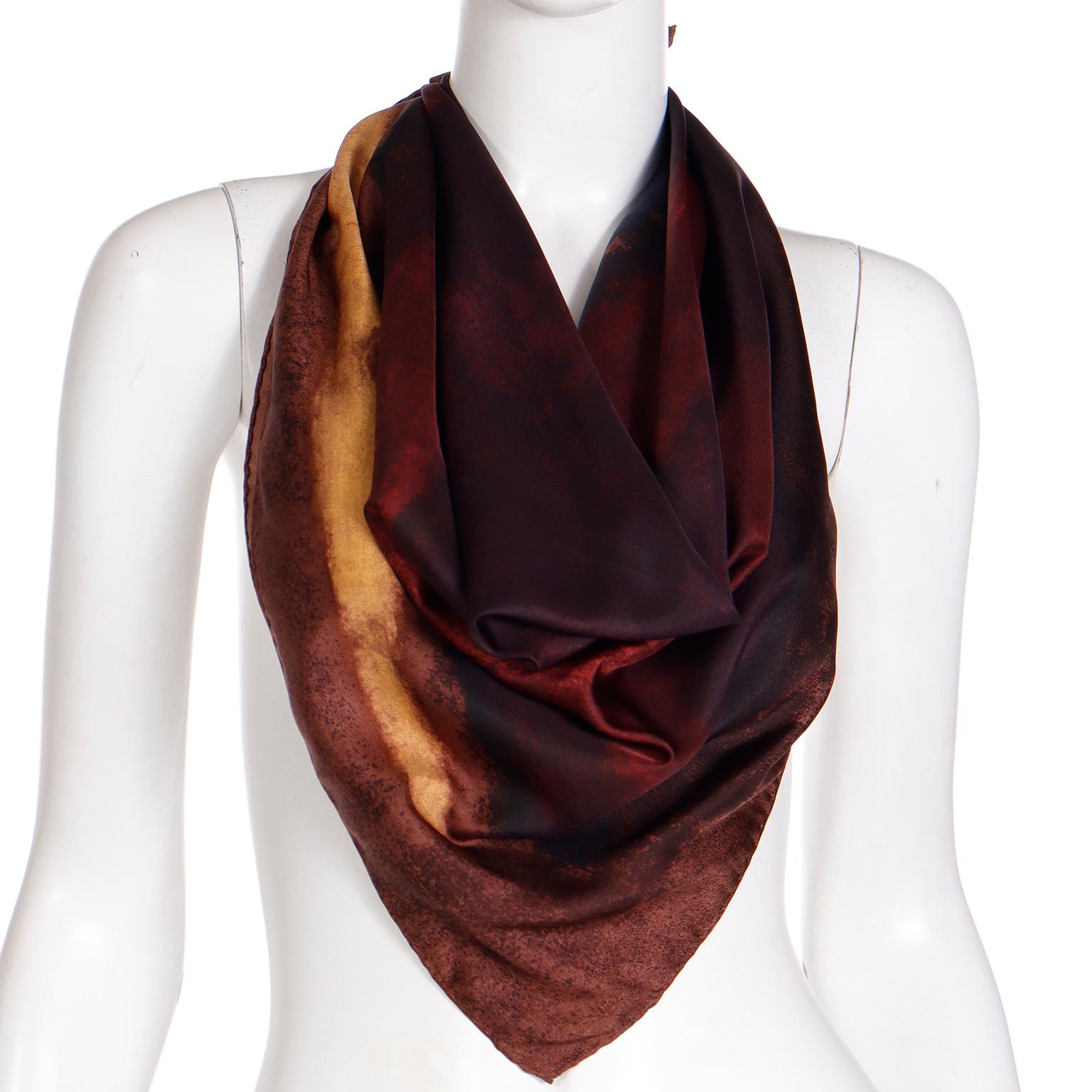 Women's or Men's Gucci Watercolor Silk Vintage Scarf in Shades of Burgundy Black Brown & Gold