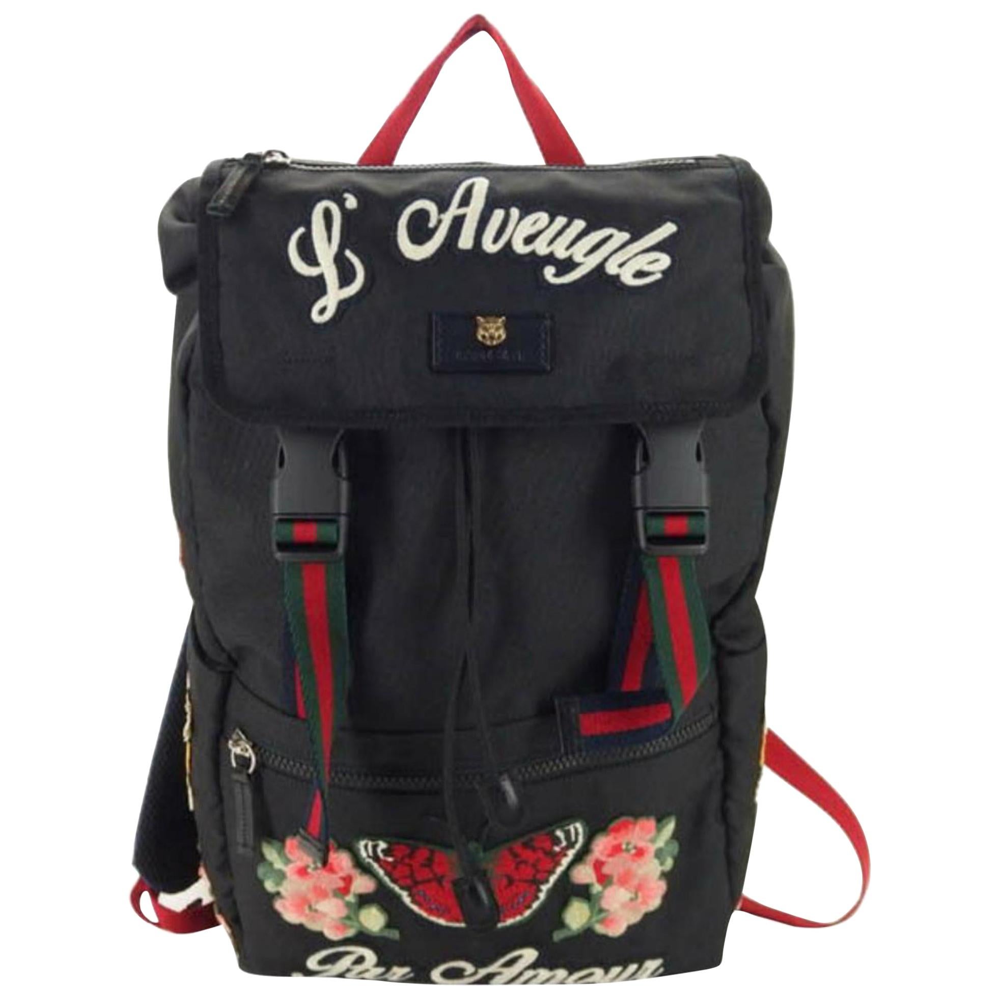 Gucci Web L'aveugle Par Amour Tiger Techpack 869837 Black Leather Backpack For Sale