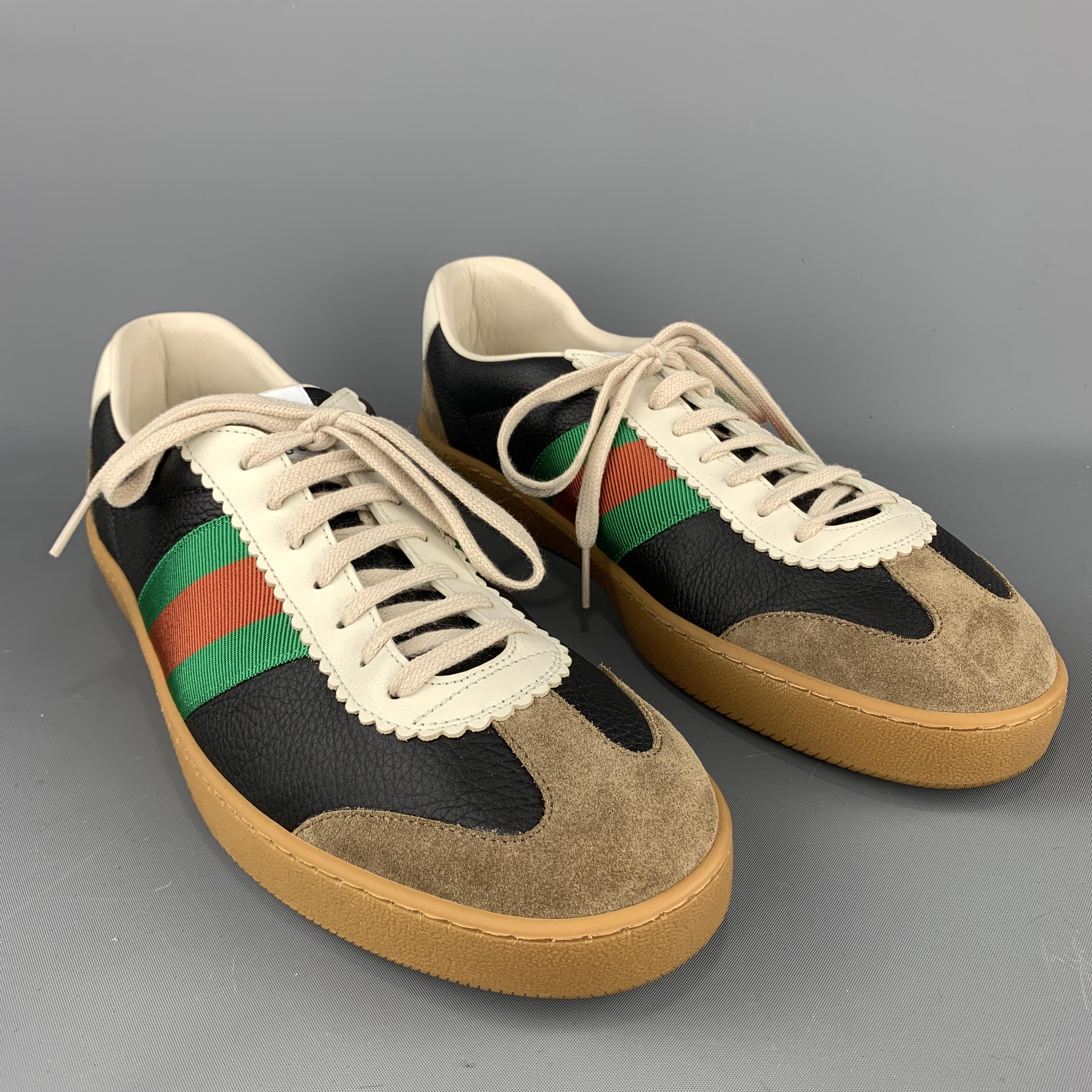 GUCCI Web Sneakers comes in a mix of materials, with a black textured leather and a brown suede at details, a beige leather trim, a striped vintage style nylon web trim at sides, a printed gold bee at back, a rubber sole, lace up. Made in