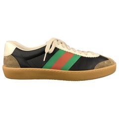 GUCCI Web Size 11 Striped Trim Black & Brown Leather Lace Up Sneakers