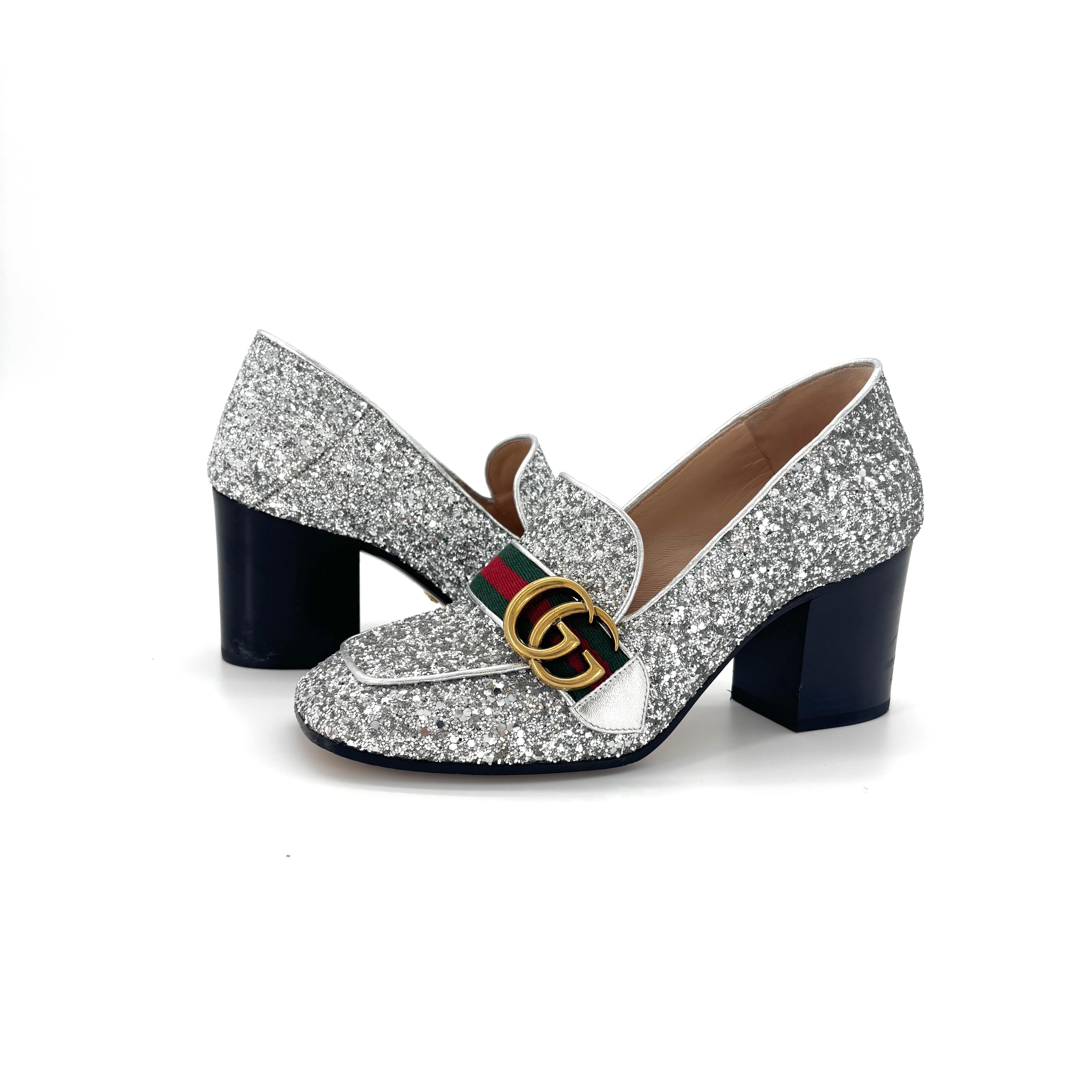 Argento Gucci Web Stripe GG Peyton Silver Glitter Square Toe Platform Heeled Loafers 36 in vendita