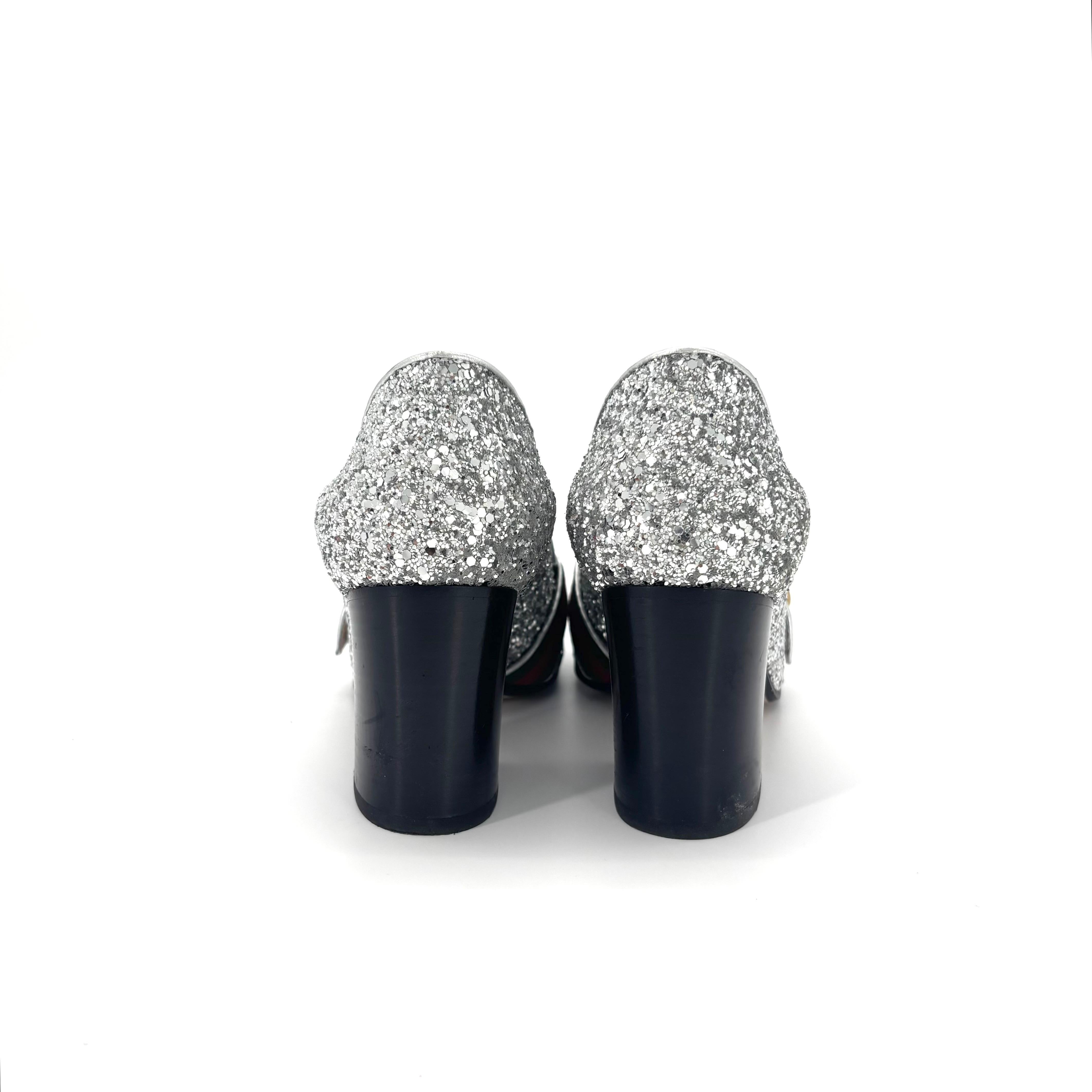 Gucci Web Stripe GG Peyton Silver Glitter Square Toe Platform Heeled Loafers 36 in vendita 1