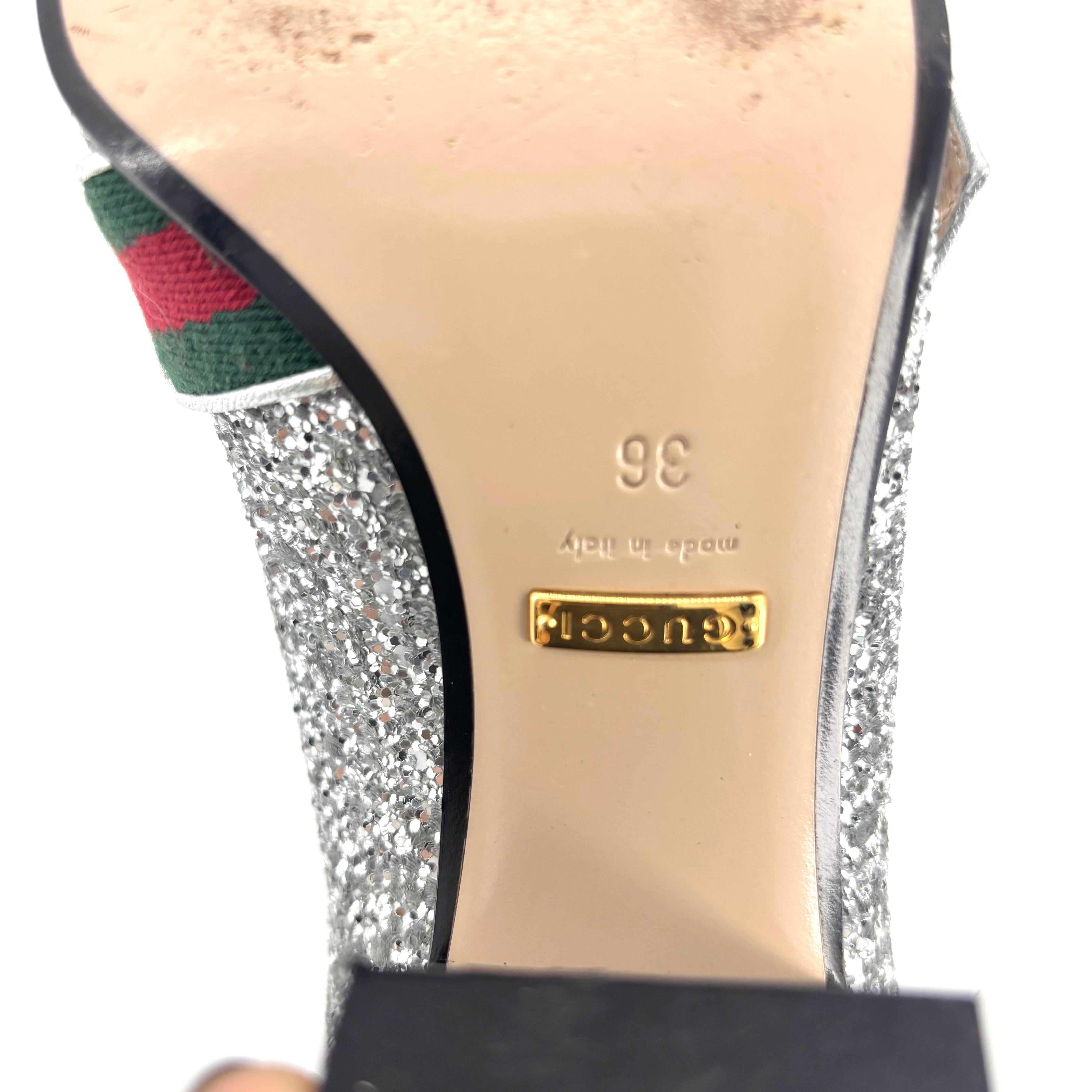 Gucci Web Stripe GG Peyton Silver Glitter Square Toe Platform Heeled Loafers 36 in vendita 4
