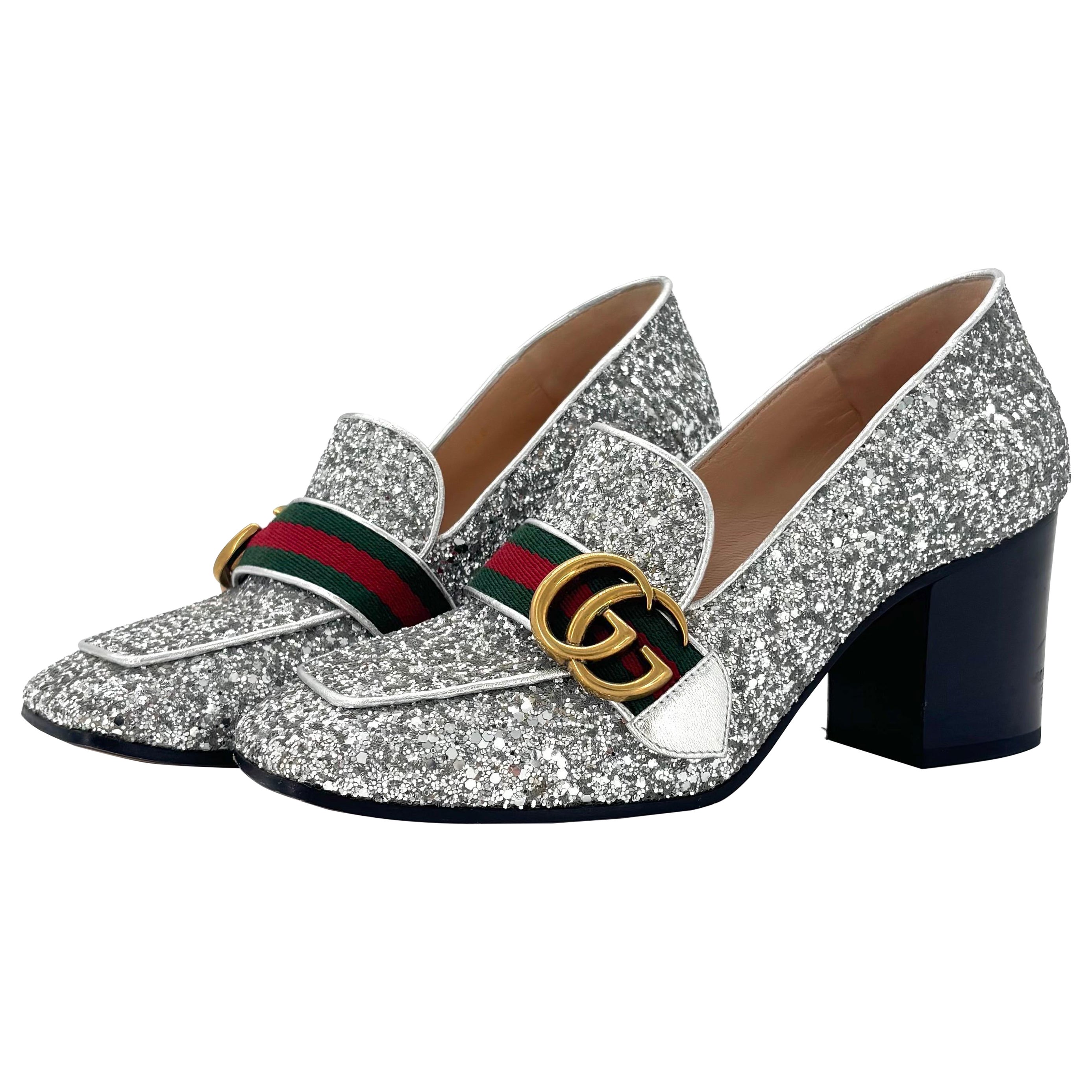 Gucci Web Stripe GG Peyton Silver Glitter Square Toe Platform Heeled Loafers 36