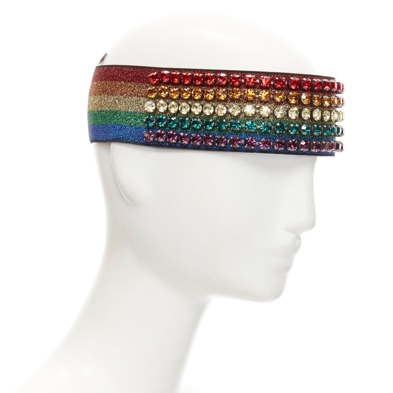 GUCCI Webby rhinestone crystal encrusted Rainbow Web headband
Reference: TGAS/C00947
Brand: Gucci
Designer: Alessandro Michele
Model: Webby Headband
Collection: Runway
Color: Multicolour
Pattern: Striped
Closure: Stretchy
Extra Details: Famous Gucci