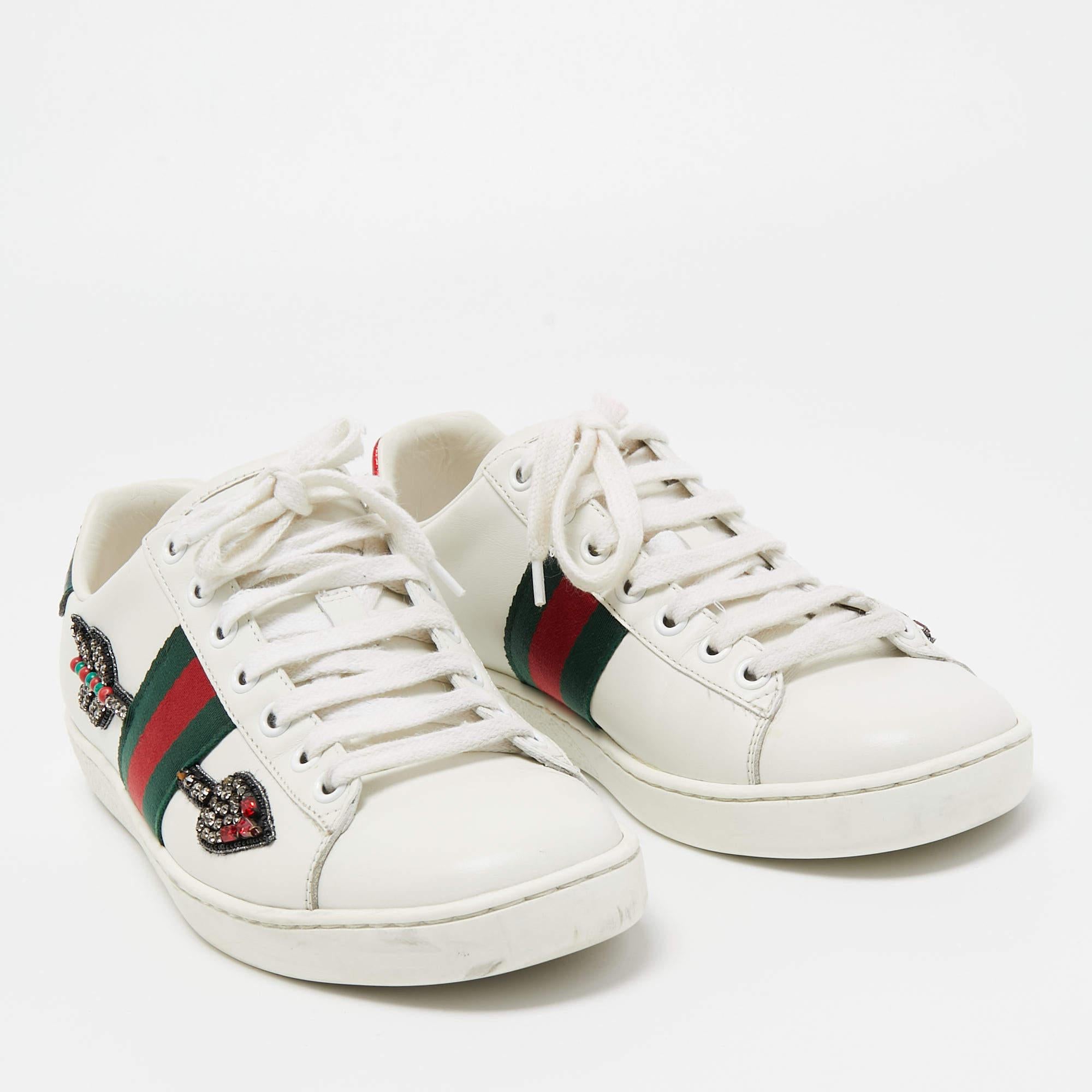 Gray Gucci White Arrow Embellished Leather Ace Low Top Sneakers Size 37