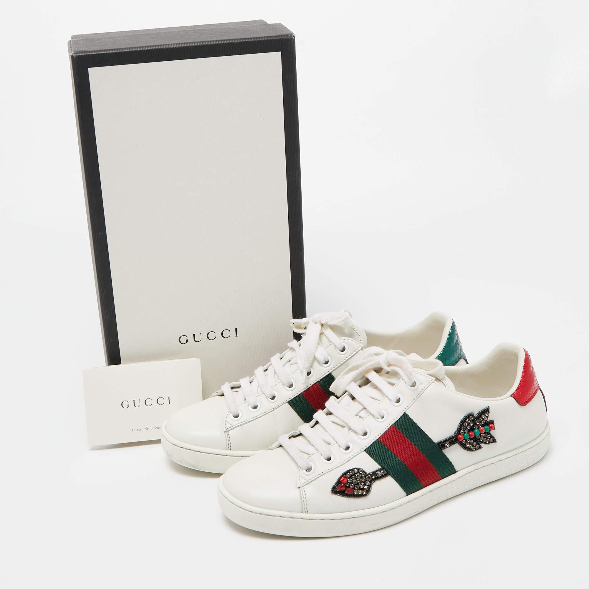 Gucci White Arrow Embellished Leather Ace Low Top Sneakers Size 37 4