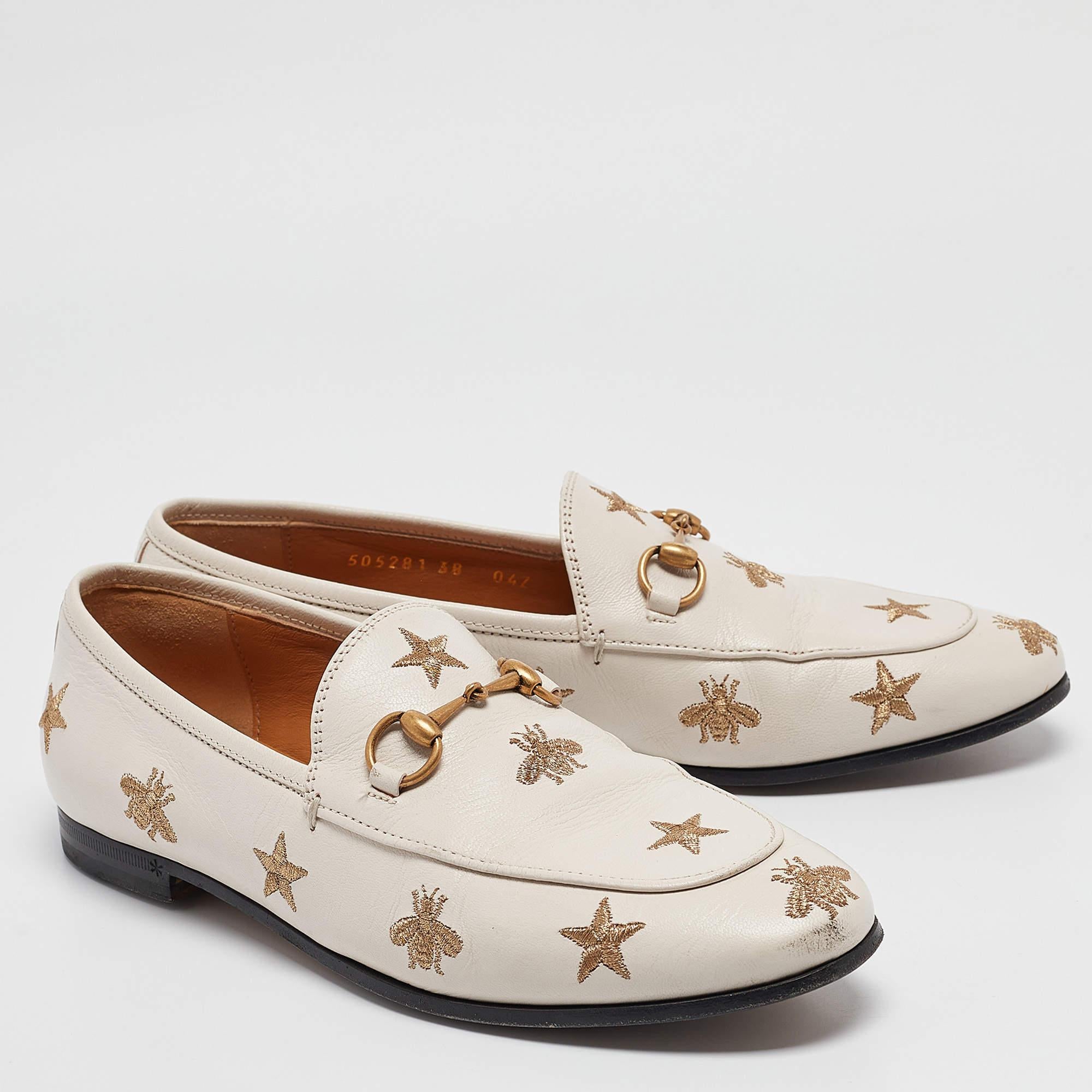 Women's Gucci White Bee & Star Embroidered Leather Jordaan Loafers Size 38