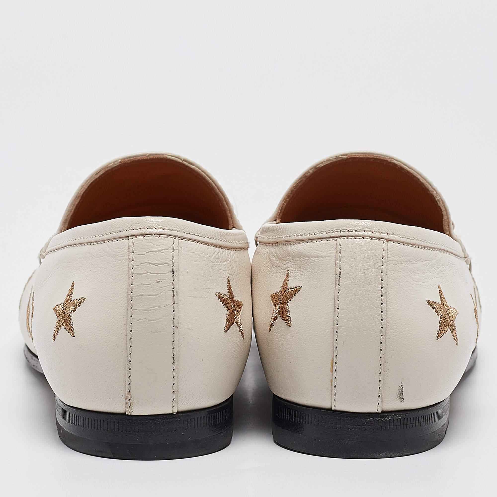 Gucci White Bee & Star Embroidered Leather Jordaan Loafers Size 38 1