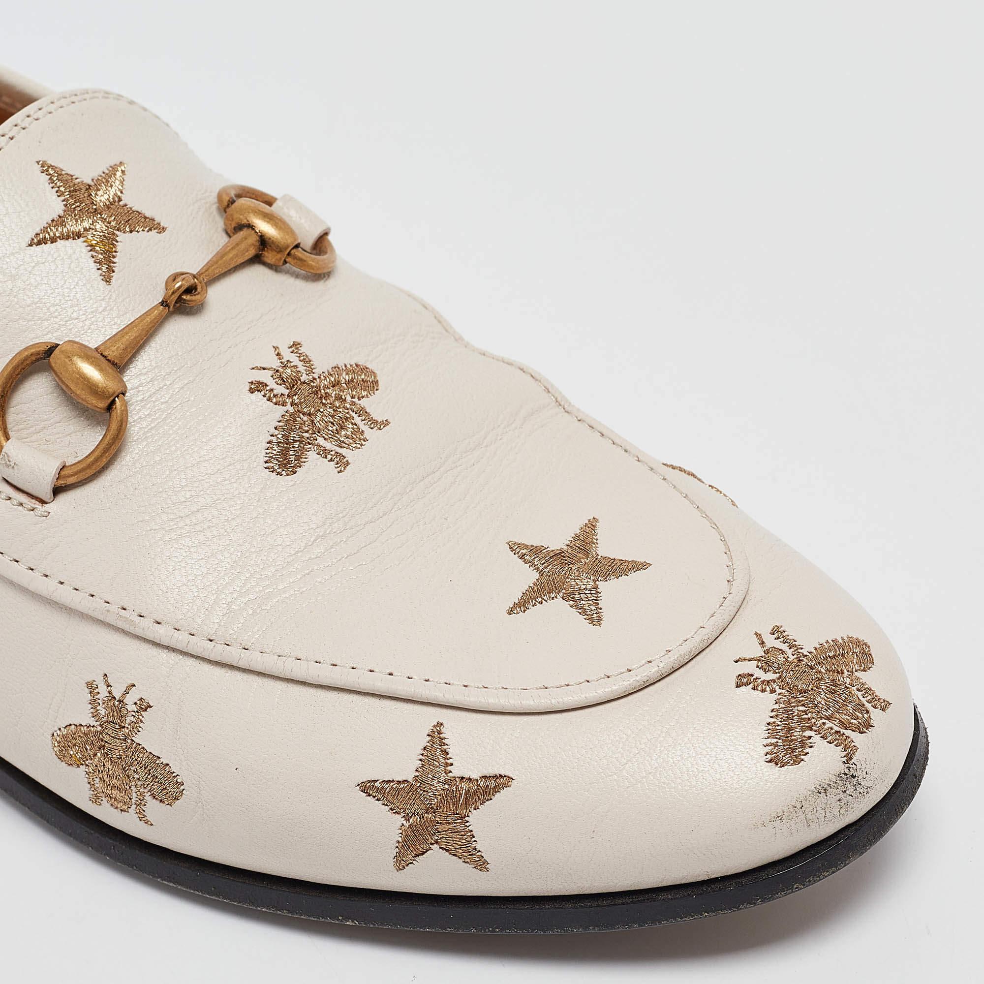 Gucci White Bee & Star Embroidered Leather Jordaan Loafers Size 38 3