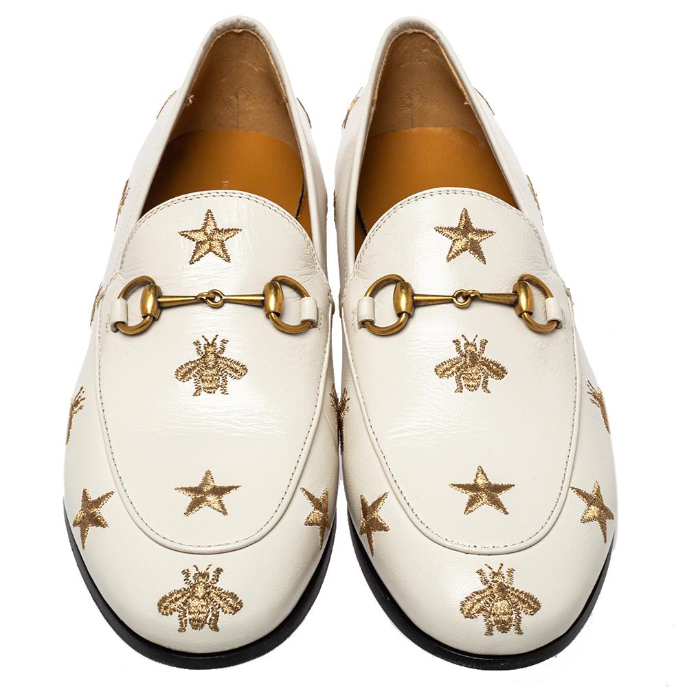 Exquisite and well-crafted, these Jordaan Gucci loafers are worth owning. They have been crafted from leather and come flaunting bee and star motifs with Horsebit details on the uppers. The loafers are ideal to wear all day!

Includes: Original