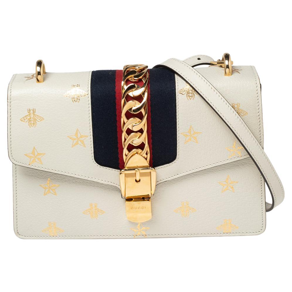 Gucci White Bee Star Print Leather Small Sylvie Web Chain Shoulder Bag at  1stDibs