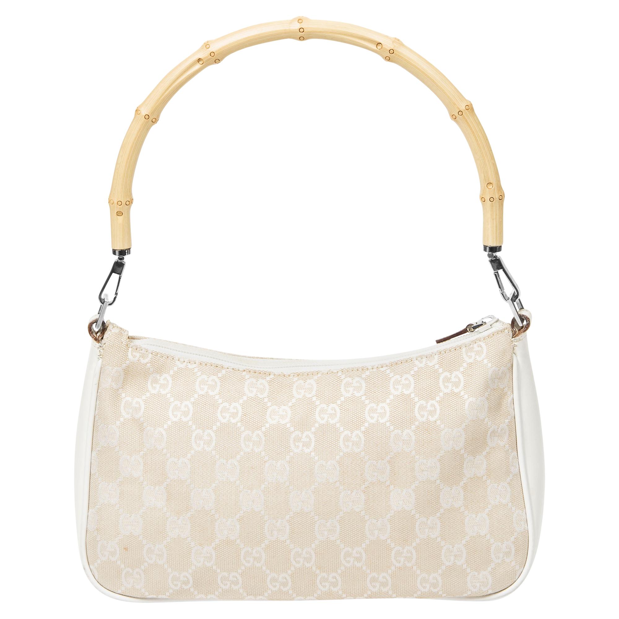 Gucci White/Beige GG Bamboo Shoulder Bag In Excellent Condition For Sale In Atlanta, GA