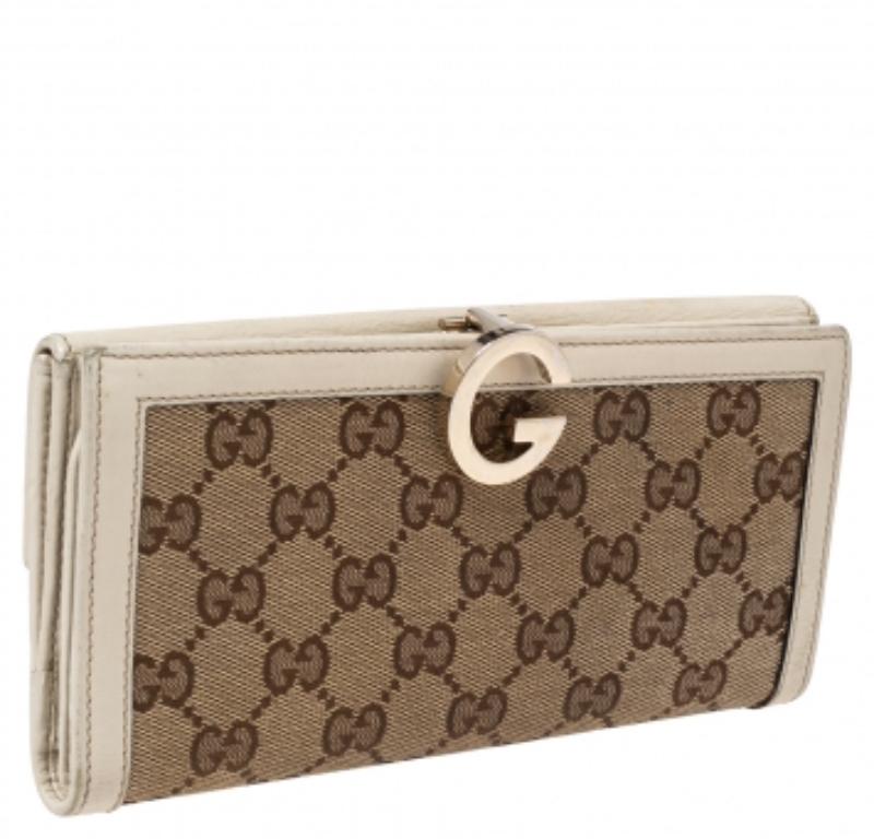 Gucci White/Beige GG Canvas and Leather G Bit Flap Continental Wallet 3
