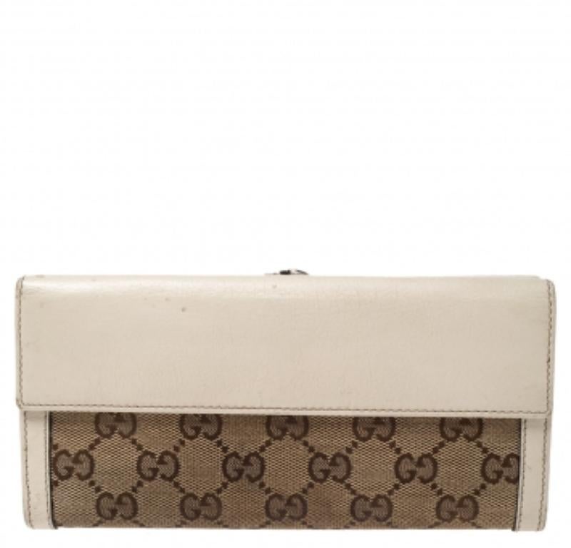 Gucci White/Beige GG Canvas and Leather G Bit Flap Continental Wallet 4