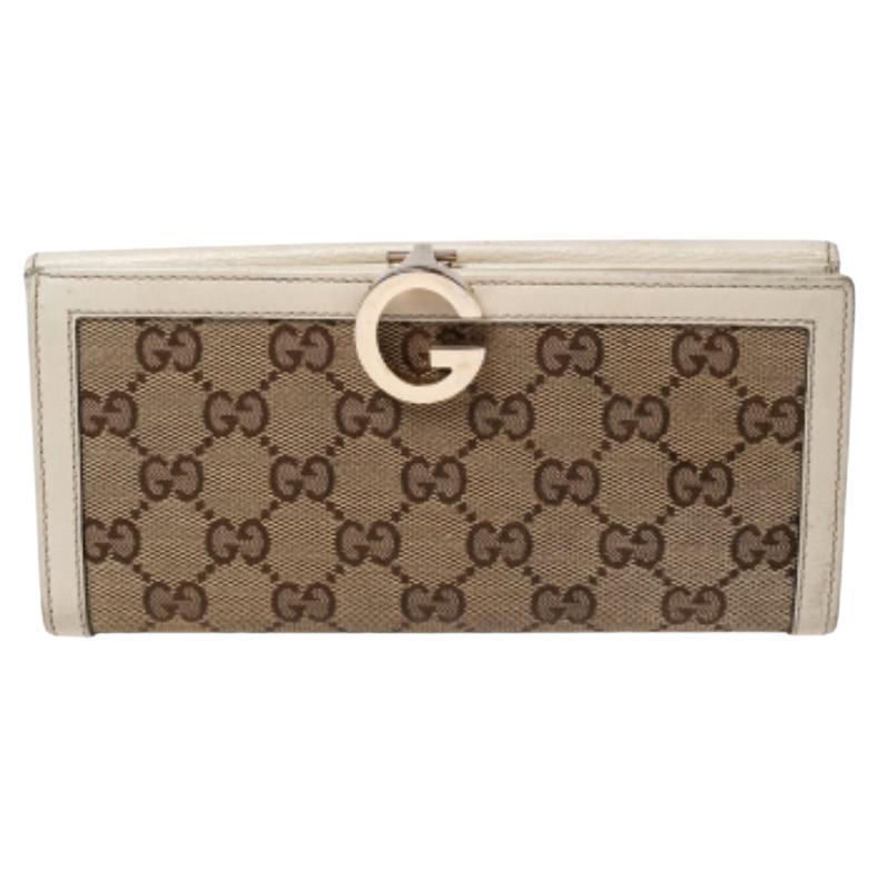 Gucci White/Beige GG Canvas and Leather G Bit Flap Continental Wallet