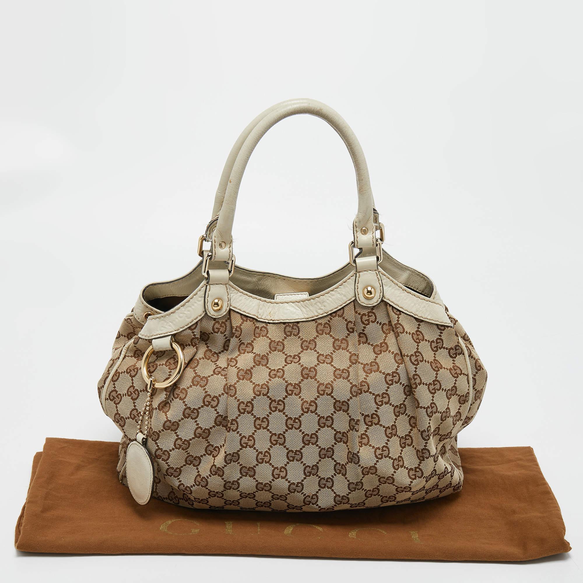 Gucci White/Beige GG Canvas and Leather Medium Sukey Tote For Sale 2