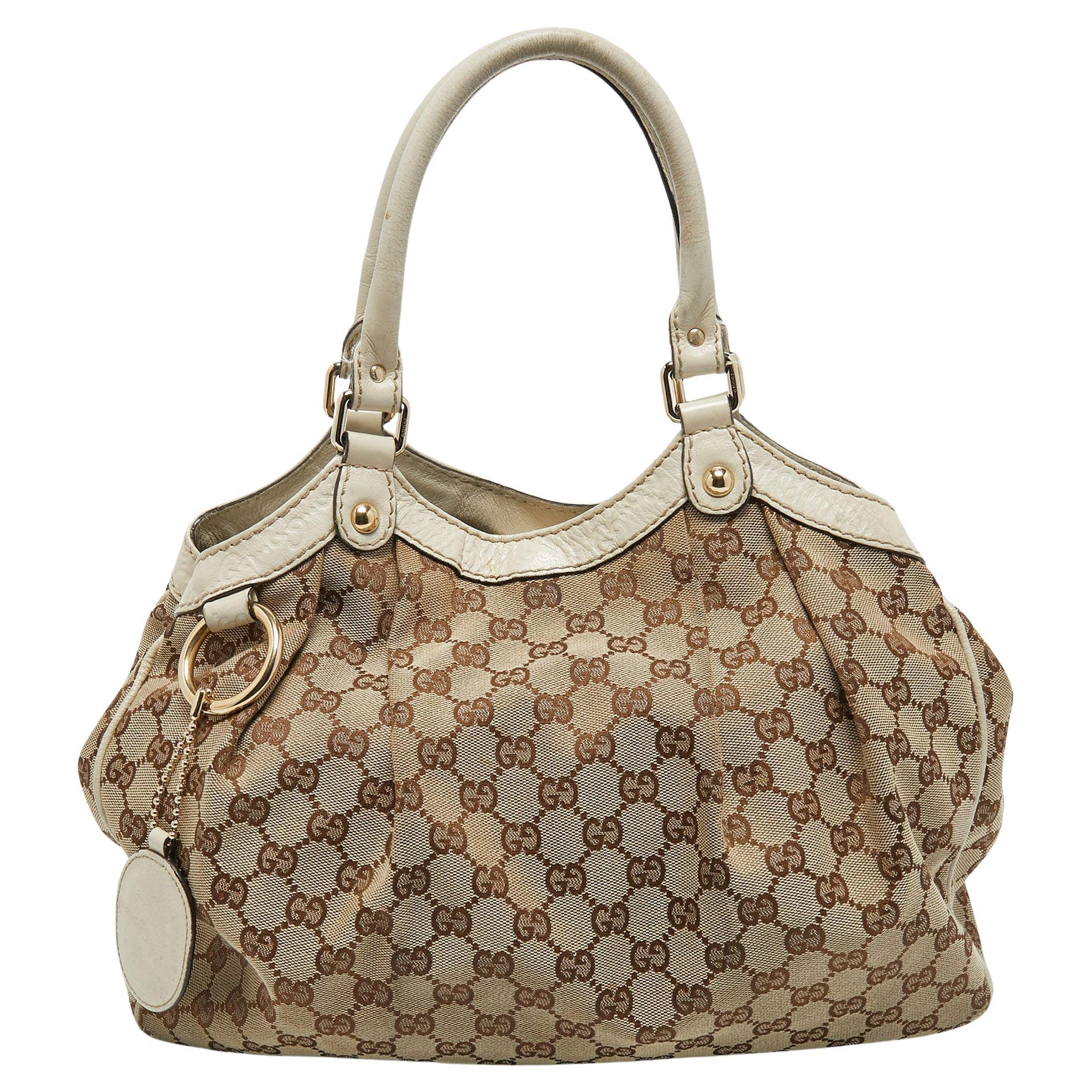 Gucci White/Beige GG Canvas and Leather Medium Sukey Tote For Sale