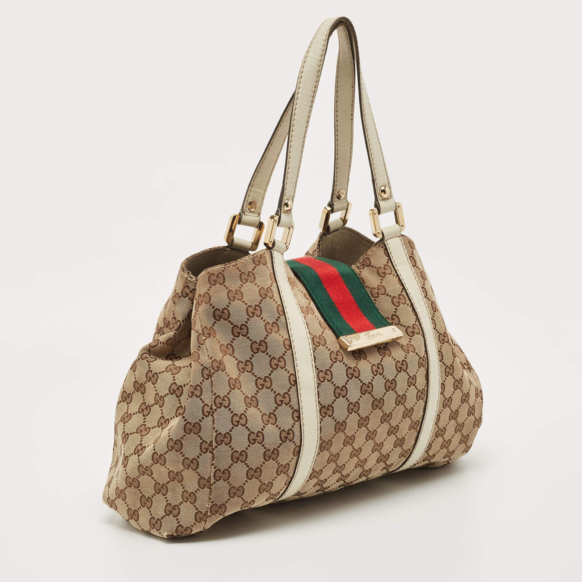 Gucci White/Beige GG Canvas and Leather New Ladies Web Tote For Sale 12