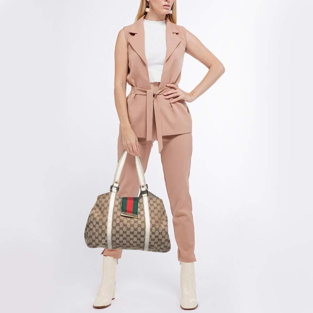 Gucci White/Beige GG Canvas and Leather New Ladies Web Tote For Sale 15