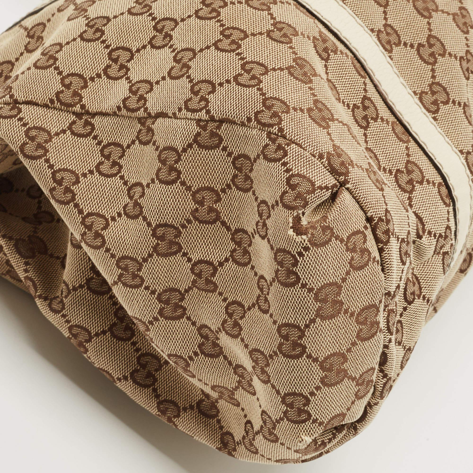 Gucci White/Beige GG Canvas and Leather New Ladies Web Tote In Fair Condition For Sale In Dubai, Al Qouz 2